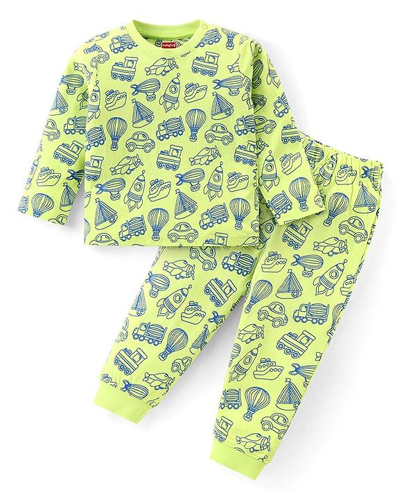 Babyhug Cotton Knit  Full Sleeves Night Suit Vehicles Print - Light Green