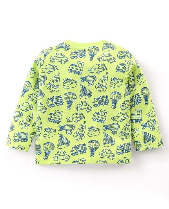 Babyhug Cotton Knit  Full Sleeves Night Suit Vehicles Print - Light Green