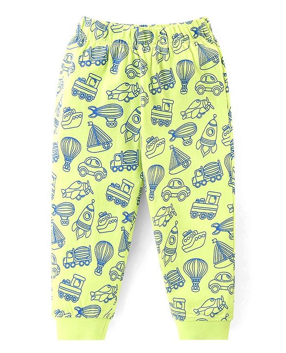 Babyhug Cotton Knit  Full Sleeves Night Suit Vehicles Print - Light Green