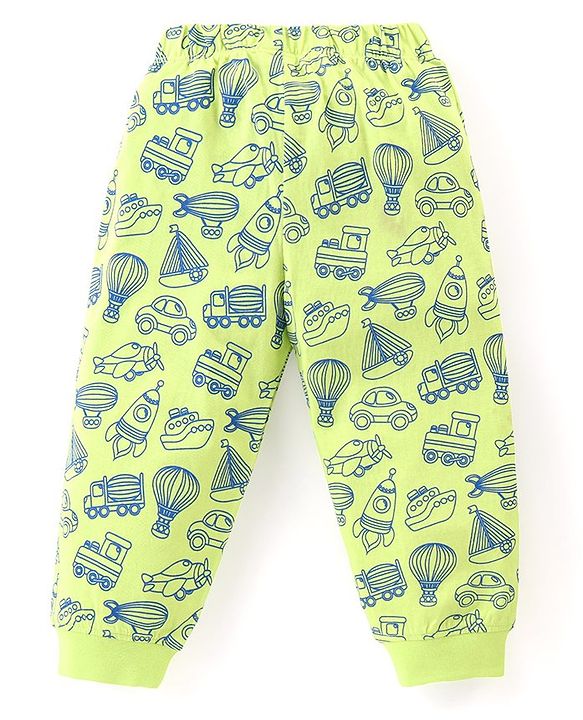 Babyhug Cotton Knit  Full Sleeves Night Suit Vehicles Print - Light Green
