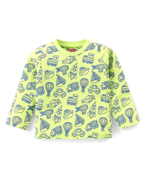Babyhug Cotton Knit  Full Sleeves Night Suit Vehicles Print - Light Green