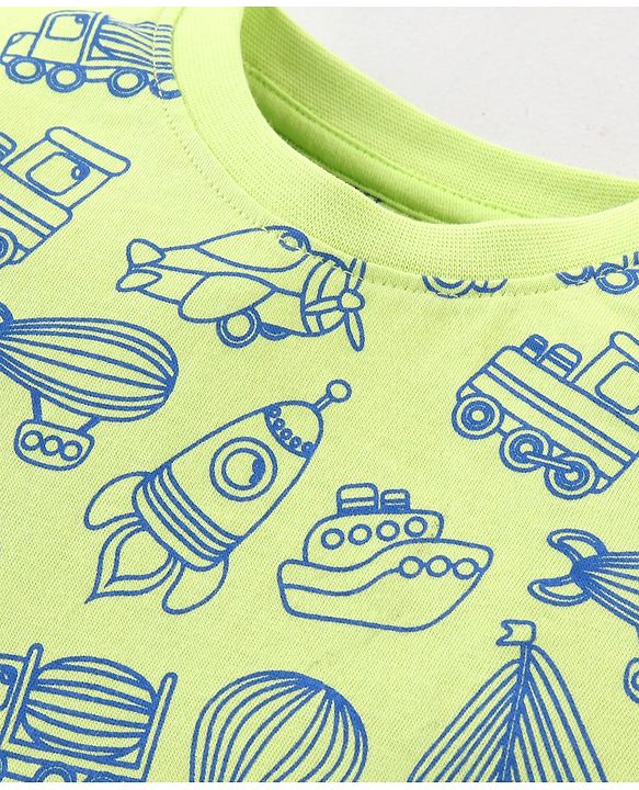 Babyhug Cotton Knit  Full Sleeves Night Suit Vehicles Print - Light Green