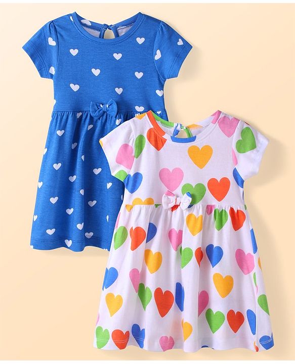 Babyhug Single Jersey Knit Half Sleeves Hearts Printed Frocks Pack Of 2 - Blue & White