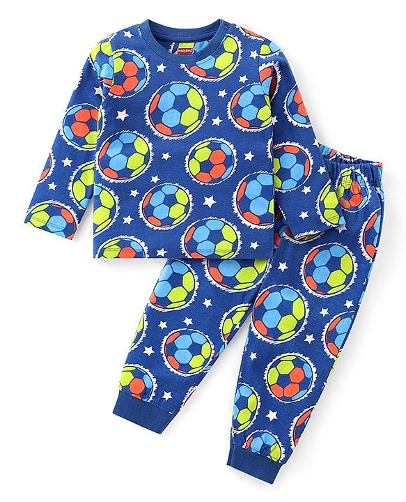 Babyhug Cotton Knit Full Sleeves Night Suit With Footballs Print - Navy