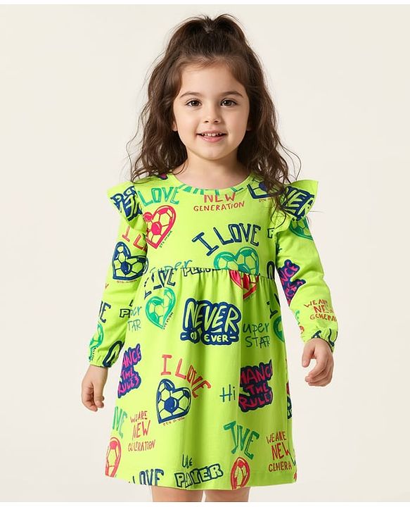 Babyhug Single Jersey Knit Full Sleeves Frock With Text Print - Green