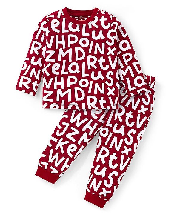 Babyhug Cotton Knit Full Sleeves Night Suit With Text Print - Maroon