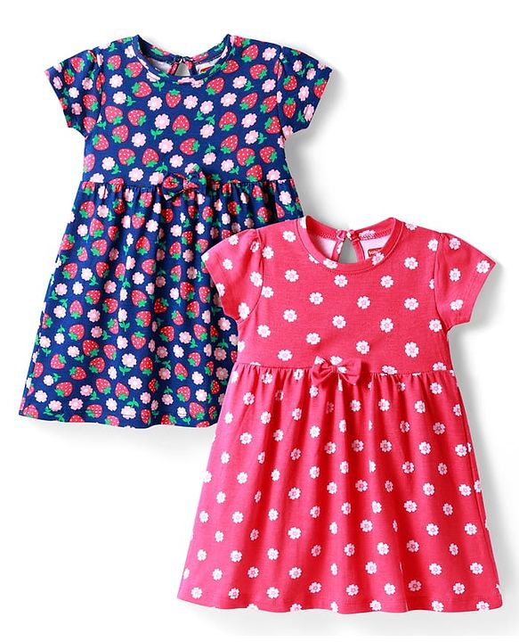 Babyhug Single Jersey Knit Half Sleeves Dresses With Floral & Fruit Print & Bow Applique Pack of 2 - Dark Pink & Navy Blue