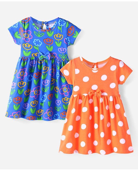 Babyhug Single Jersey Knit Half Sleeves Frocks With Floral & Polka Dots Print Pack Of 2 - Blue & Orange