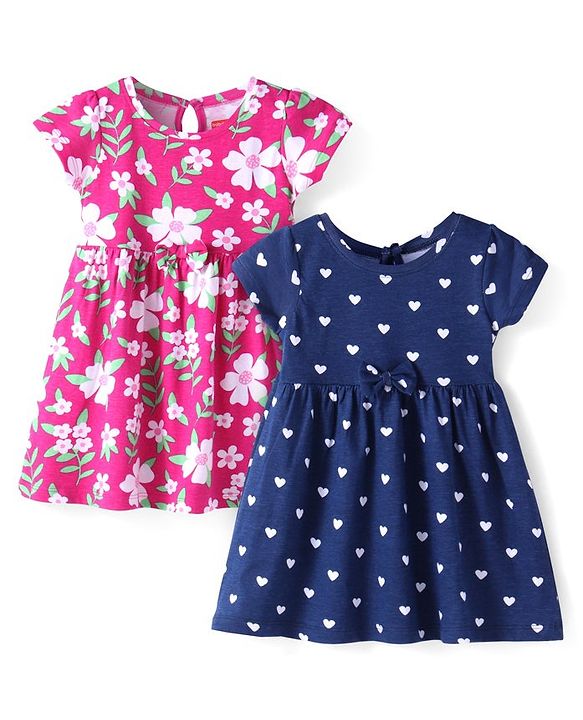 Babyhug Single Jersey Knit Half Sleeves Frocks With Hearts & Floral Print Pack Of 2 - Navy & Pink