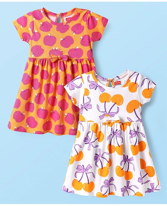 Babyhug Single Jersey Knit Half Sleeves Frocks With Fruit Print & Bow Applique Pack of 2 - Orange & White