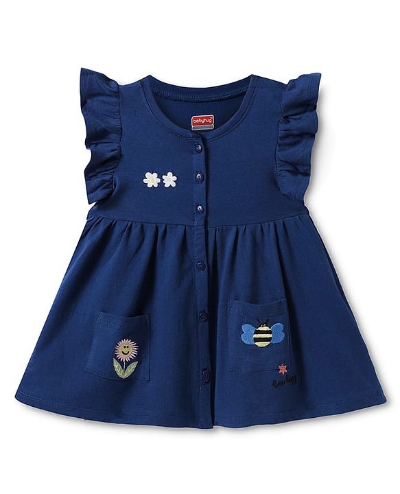 Babyhug Single Jersey Knit Frill Sleeves Frock with Floral & Bee Embroidery - Navy Blue