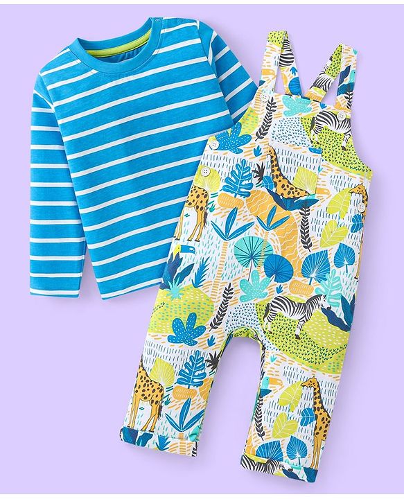 Babyhug Single Jersey Knit Full Sleeves Striped T-Shirt & Full Length Dungaree Set with Zebra Print -Blue & White