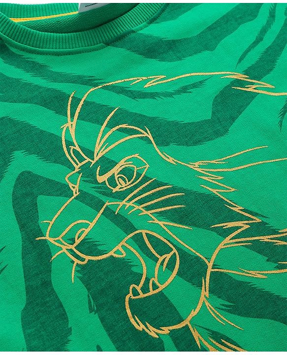 Pine Kids Disney Terry Knit Full Sleeves Sweatshirt With Camouflage Design & Lion King Graphics - Green