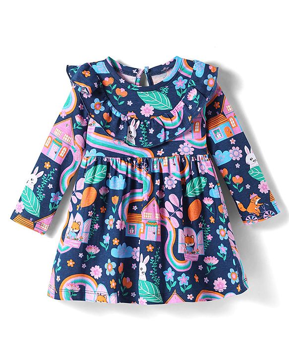 Babyhug Single Jersey Knit Full Sleeves Floral Printed Frock with Frill Detailing - Navy Blue