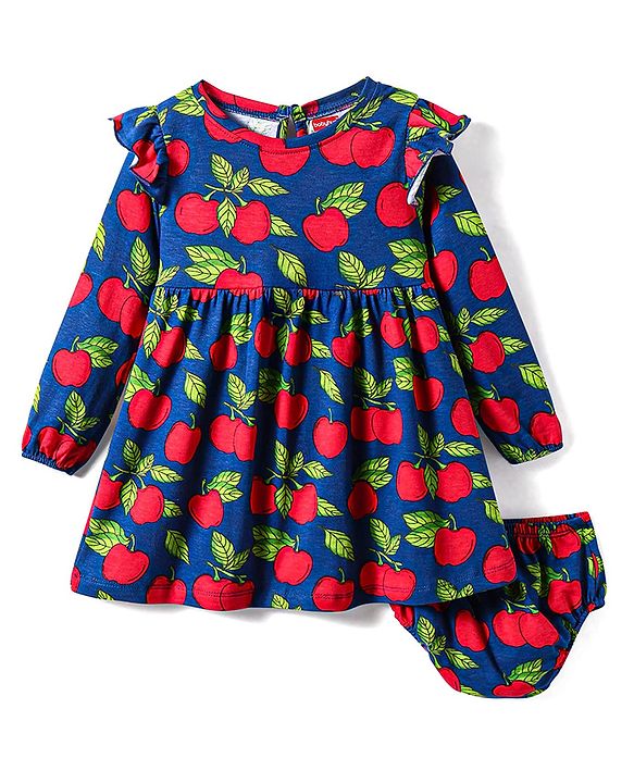 Babyhug Single Jersey Knit Full Sleeves Frock With Fruit Print & Bloomer - Blue