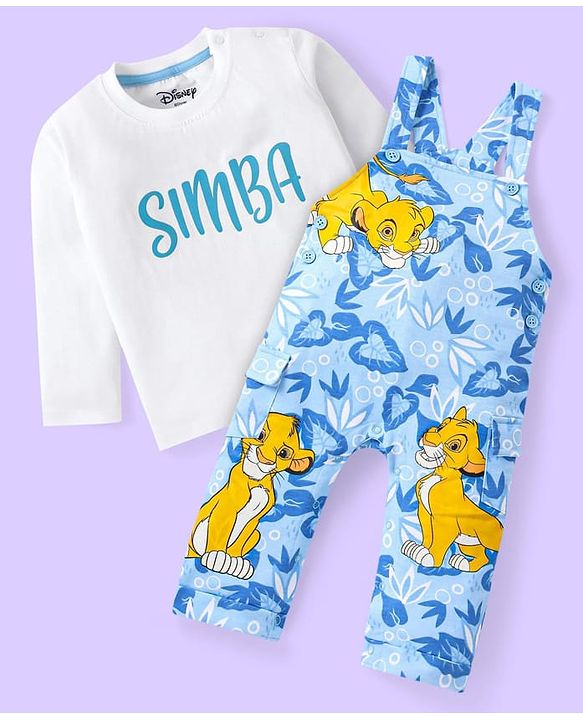 Babyhug Disney Single Jersey Knit Full Length  Dungaree & Full  Sleeves T-Shirt with The Lion King Graphics - White & Sky Blue