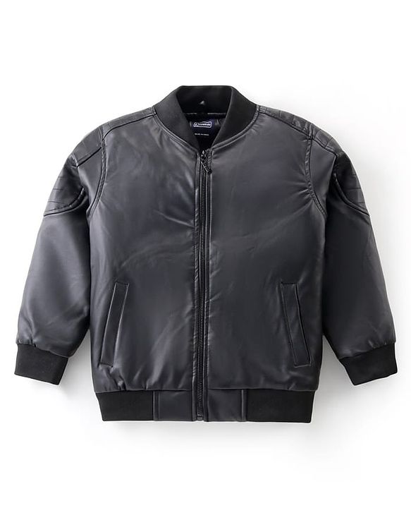 Pine Kids Woven Solid Color Full Sleeves Leather Jacket - Black