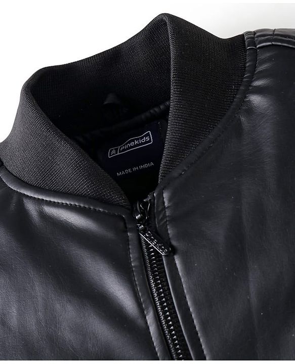 Pine Kids Woven Solid Color Full Sleeves Leather Jacket - Black