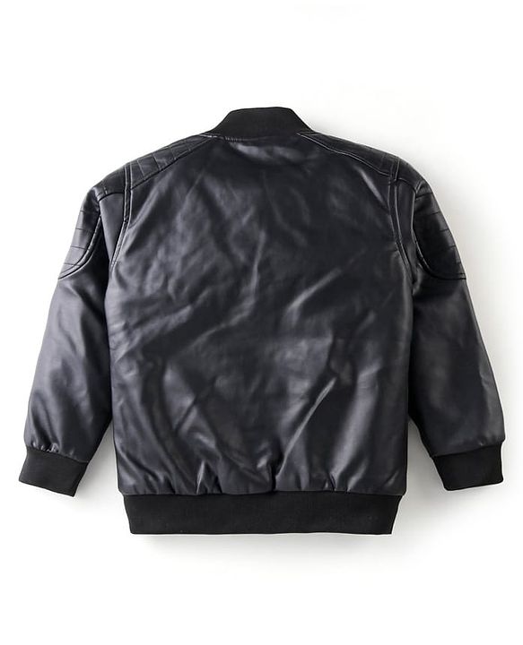 Pine Kids Woven Solid Color Full Sleeves Leather Jacket - Black
