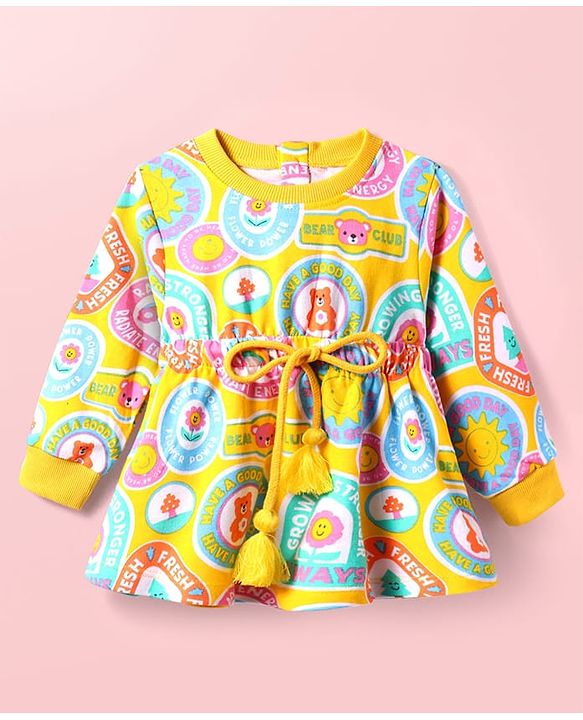 Babyhug Cotton Knit Full Sleeves Winter Frock With Animal & Floral Print - Mustard