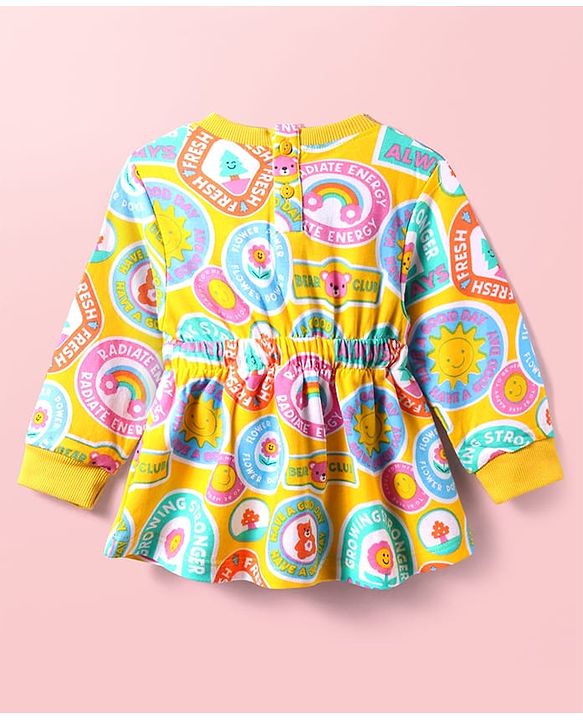 Babyhug Cotton Knit Full Sleeves Winter Frock With Animal & Floral Print - Mustard
