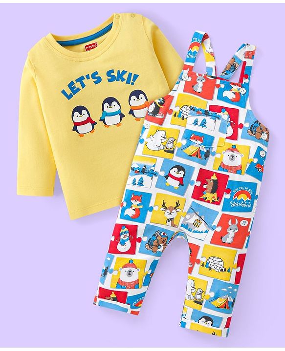 Babyhug Single Jersey Knit Dungaree and Full Sleeves T-Shirt Set with Penguins Print - White & Yellow