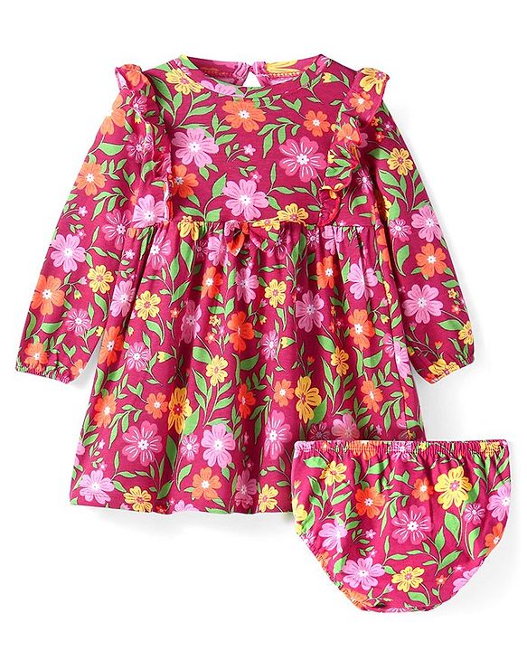 Babyhug Single Jersey Knit Full Sleeves Frill Detailing Frock with Bloomer Floral Print - Maroon