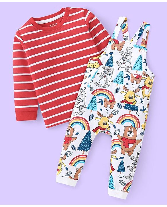 Babyhug Single Jersey Knit Full Sleeves Striped T-Shirt & Full Length Dungaree Set with Animals Print -Red & White