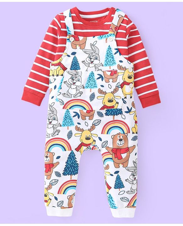 Babyhug Single Jersey Knit Full Sleeves Striped T-Shirt & Full Length Dungaree Set with Animals Print -Red & White