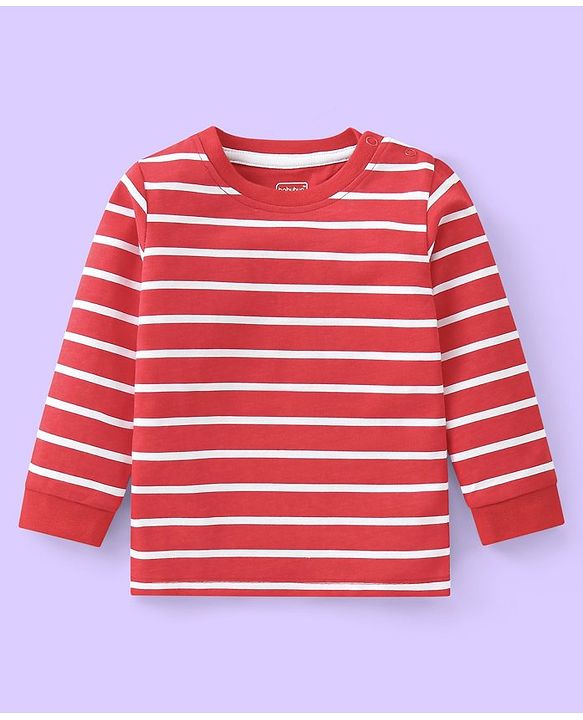 Babyhug Single Jersey Knit Full Sleeves Striped T-Shirt & Full Length Dungaree Set with Animals Print -Red & White