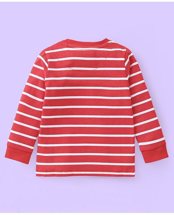 Babyhug Single Jersey Knit Full Sleeves Striped T-Shirt & Full Length Dungaree Set with Animals Print -Red & White