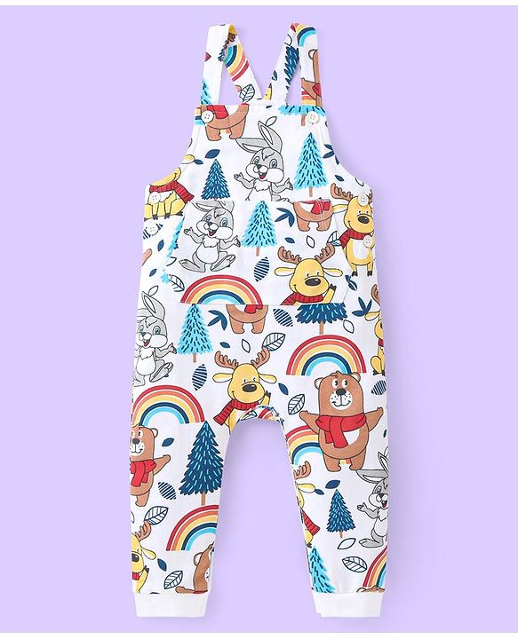 Babyhug Single Jersey Knit Full Sleeves Striped T-Shirt & Full Length Dungaree Set with Animals Print -Red & White