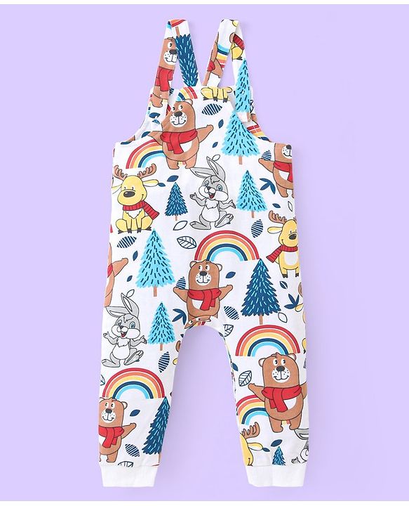 Babyhug Single Jersey Knit Full Sleeves Striped T-Shirt & Full Length Dungaree Set with Animals Print -Red & White