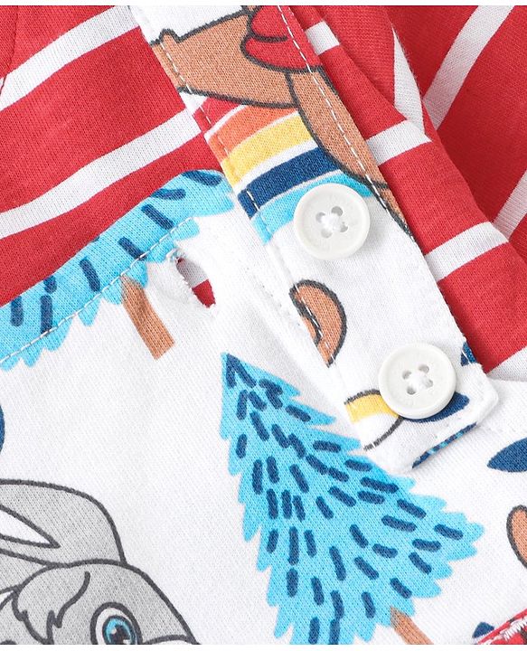 Babyhug Single Jersey Knit Full Sleeves Striped T-Shirt & Full Length Dungaree Set with Animals Print -Red & White