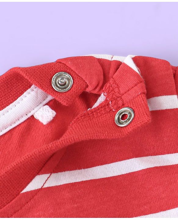 Babyhug Single Jersey Knit Full Sleeves Striped T-Shirt & Full Length Dungaree Set with Animals Print -Red & White