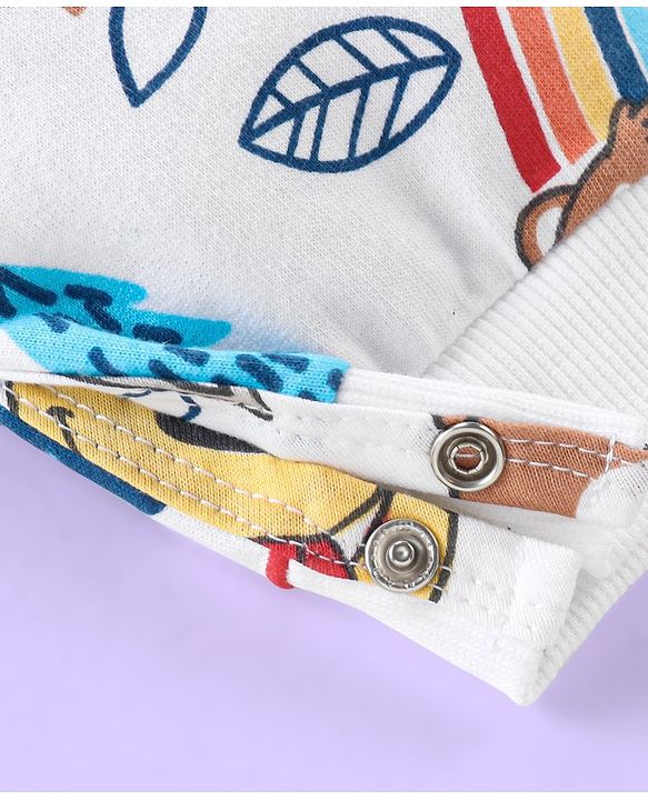 Babyhug Single Jersey Knit Full Sleeves Striped T-Shirt & Full Length Dungaree Set with Animals Print -Red & White