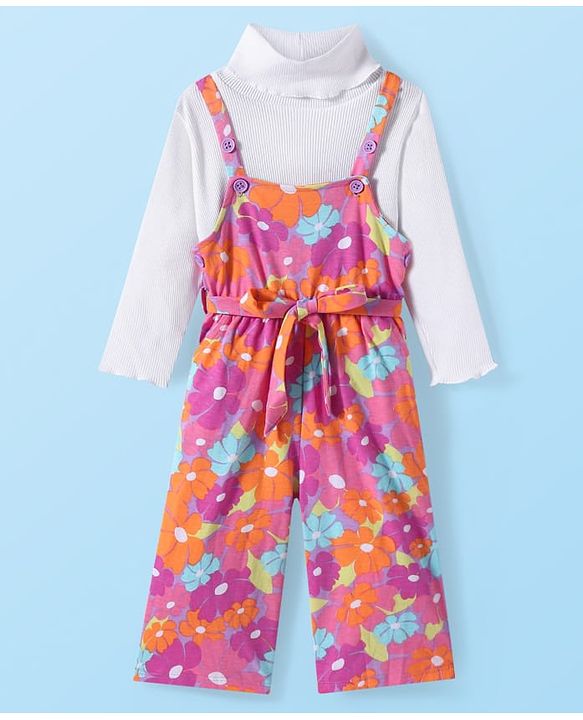 Babyhug Cotton Knit Floral Printed Jumpsuit With Full Sleeves T-Shirt - White & Lilac