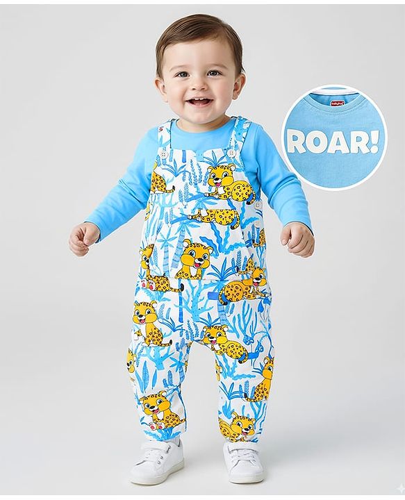 Babyhug Single Jersey Knit Dungaree and Full Sleeves T-Shirt Set with Cub Print - White & Sky Blue