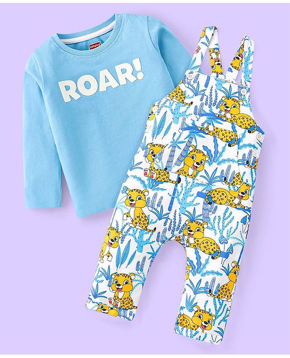 Babyhug Single Jersey Knit Dungaree and Full Sleeves T-Shirt Set with Cub Print - White & Sky Blue