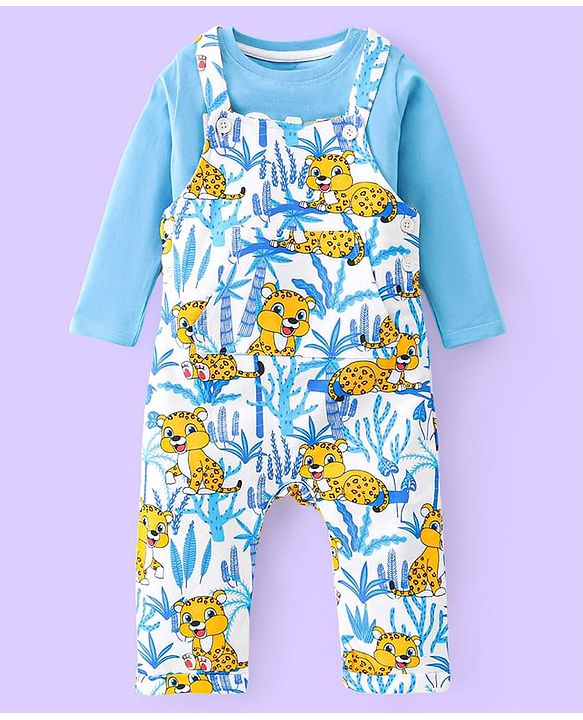 Babyhug Single Jersey Knit Dungaree and Full Sleeves T-Shirt Set with Cub Print - White & Sky Blue
