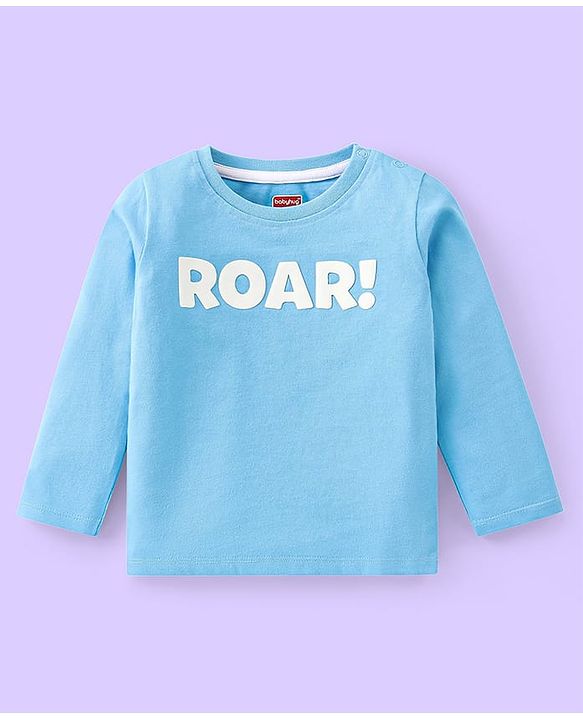 Babyhug Single Jersey Knit Dungaree and Full Sleeves T-Shirt Set with Cub Print - White & Sky Blue