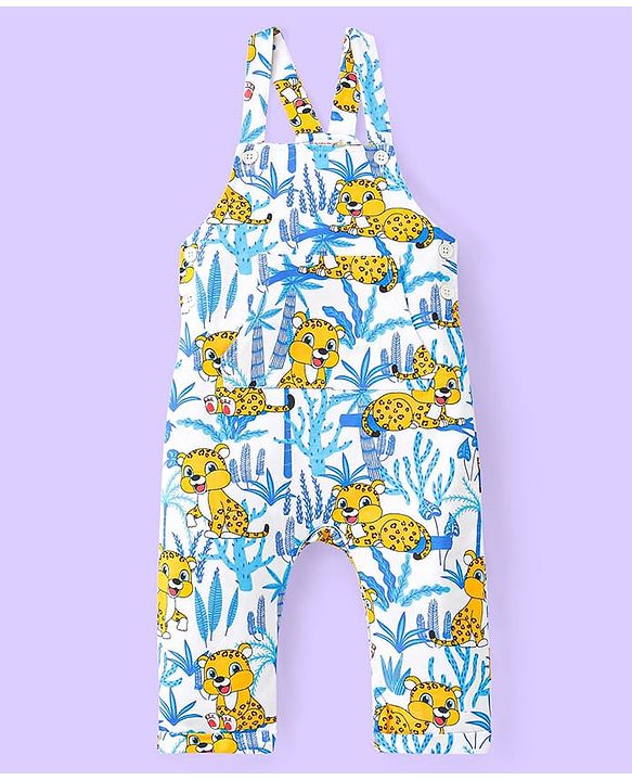 Babyhug Single Jersey Knit Dungaree and Full Sleeves T-Shirt Set with Cub Print - White & Sky Blue