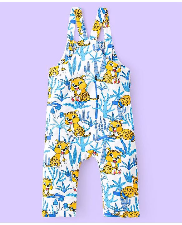 Babyhug Single Jersey Knit Dungaree and Full Sleeves T-Shirt Set with Cub Print - White & Sky Blue