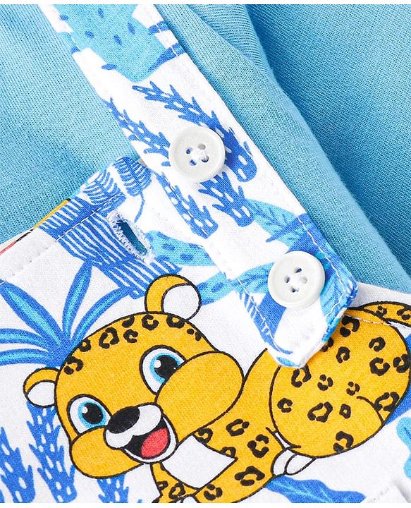 Babyhug Single Jersey Knit Dungaree and Full Sleeves T-Shirt Set with Cub Print - White & Sky Blue