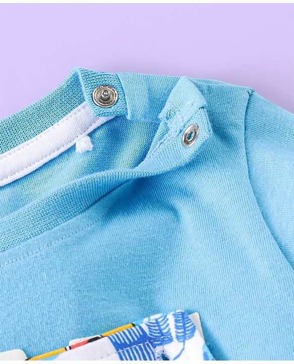 Babyhug Single Jersey Knit Dungaree and Full Sleeves T-Shirt Set with Cub Print - White & Sky Blue