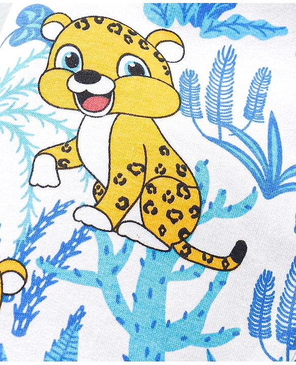 Babyhug Single Jersey Knit Dungaree and Full Sleeves T-Shirt Set with Cub Print - White & Sky Blue