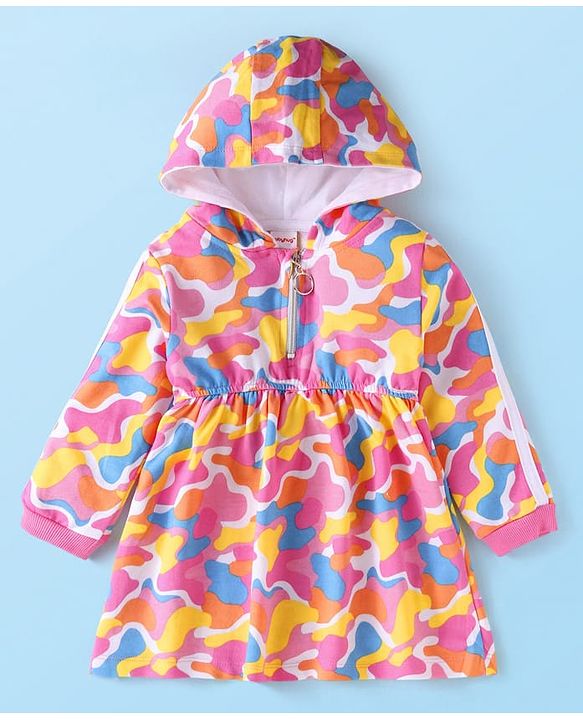 Babyhug Cotton Knit Full Sleeves Hooded Winter Frock with Abstract Print - Pink