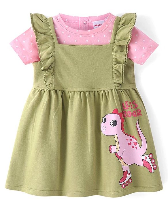 Babyhug Cotton Knit Frock with Half Sleeves Inner T-Shirt with Polka Dots & Dino Print - Pink & Olive Green