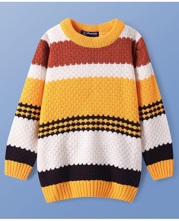 Pine Kids Knitted Full Sleeves Pullover Sweater With Colour Block Design - Yellow