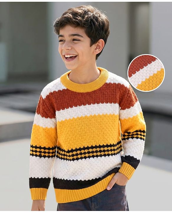 Pine Kids Knitted Full Sleeves Pullover Sweater With Colour Block Design - Yellow